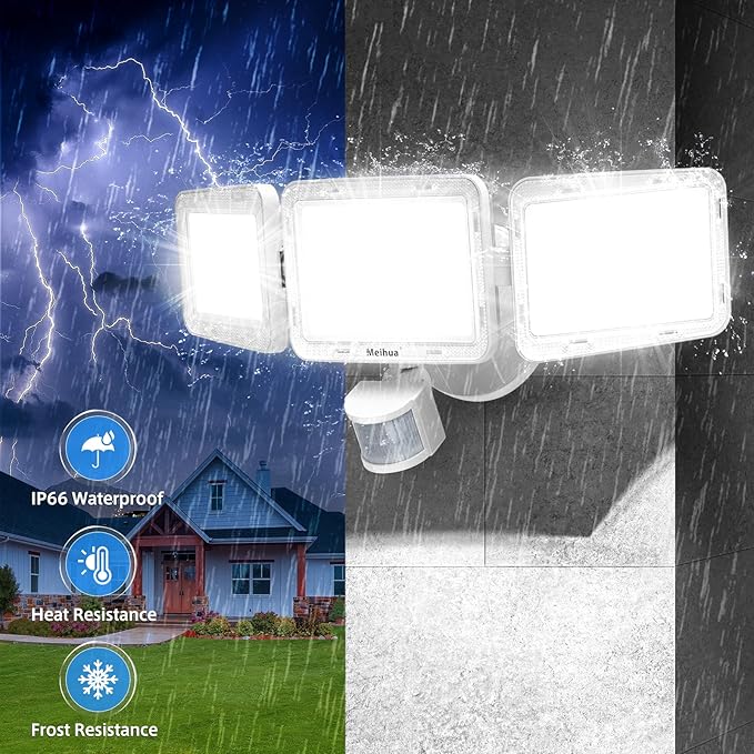 MEIHUA 70W Motion Sensor Outdoor Lights 6800LM LED Security Lights Motion Sensor Light Outdoor 6500K Daylight Dusk to Dawn 3 Adjustable Heads Flood Lights IP66 Waterproof for Outside Garage
