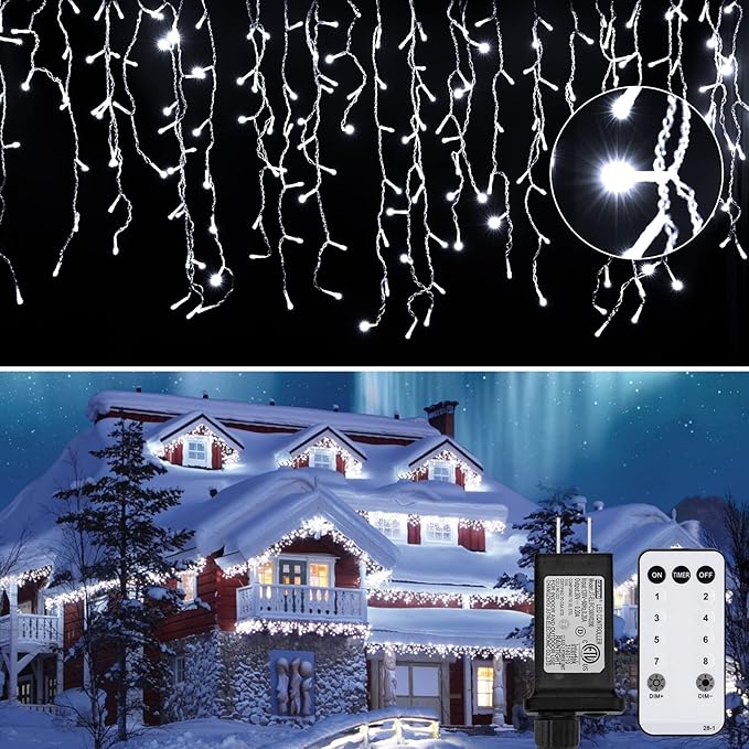 Minetom Icicle Lights for Outside 100Ft 832 LED White Christmas Lights with 156 DropsChristmas Icicle Light with Remote and Timer for House Roof Pure White