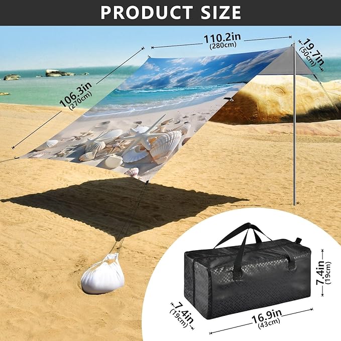 Beautiful Beach Scene Beach Tent Sun Shelter 9.2' x 10.5' Beach Canopy with 4 Sandbags 4 Stability Poles Sand Shovels - Tent Canopy for Beach Camping Fishing Picnics