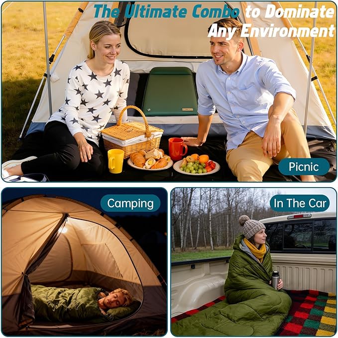 3-Piece Camping Sleep System with Self Inflating Sleeping Pad Waterproof Tarp &amp Sleeping Bag Built-in Pump 3.2 Thick Tent Mattress R-Value 9.5 All-Season Gear for Backpacking