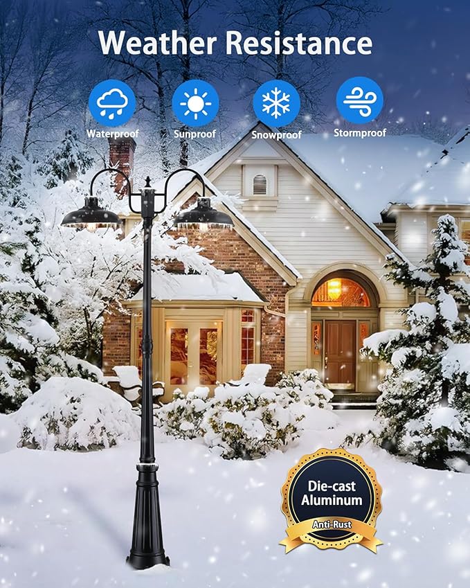 Outdoor Post Light Dusk to Dawn Outdoor Lamp Post Lights 2-Head Farmhouse Street Light Fixture Exterior Black Pole Lights Waterproof Lantern Lamp Outdoor Lighting for Garden Patio Pathway
