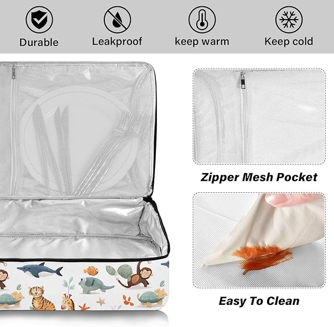 Casserole Carrier Likable AnimalsInsulated Casserole Carrier for Hot or Cold Food Thermal Lunch Tote for Potluck Parties Picnic Beach Fits 9 x 13 Inches Baking Dish