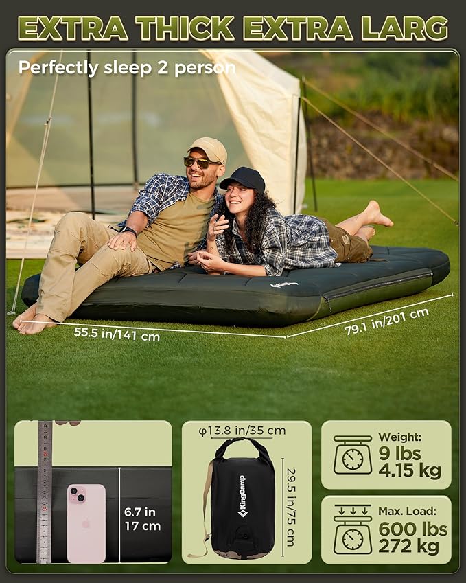KingCamp Gorgeous Double 6.7 Camping Mattress with Washable Foam Cover Extra-Thick Full Size Inflable Mattress with Pump Sack Portable Double Mattress for Camp Outdoor Tent Car &amp Guest