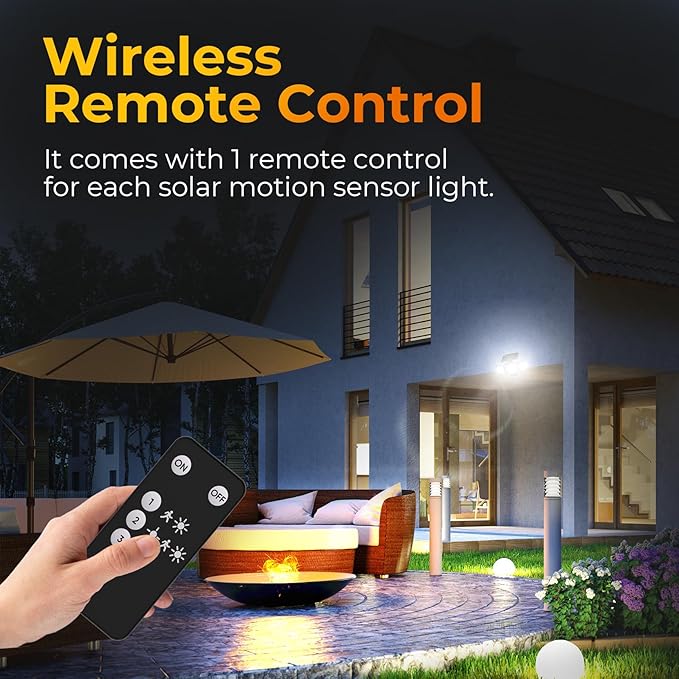 Solar Motion Sensor Outdoor Lights 3 Modes LED Security Flood Light with Remote Control IP65 Waterproof Solar Powered Outside Wall Light for Garden Patio Garage Yard (Black 2 Pack)