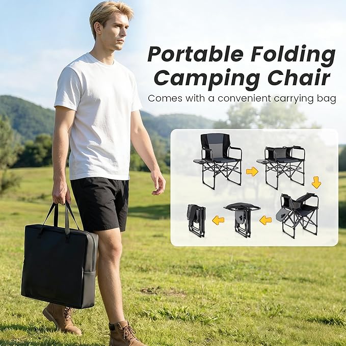 COSTWAY Folding Camping Chair with Side Table Portable Directors Chair with Cup Holder &amp Carry Bag Outdoor Heavy Duty Padded Lawn Chair for Fishing Picnic Sports Beach Support 500 LBS (Gray)