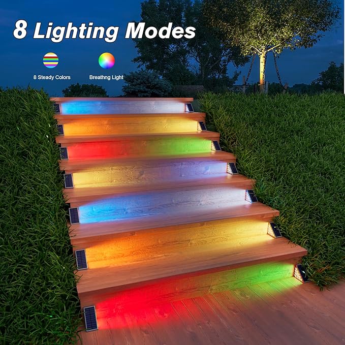VOLISUN Solar Stair Lights 12 Pack 7 Fixed Colors Solar Step Lights Outdoor Waterproof IP67 LED Outdoor Step Light Deck Light Outdoor Decor for Garden Stair Front Step Porch and Patio