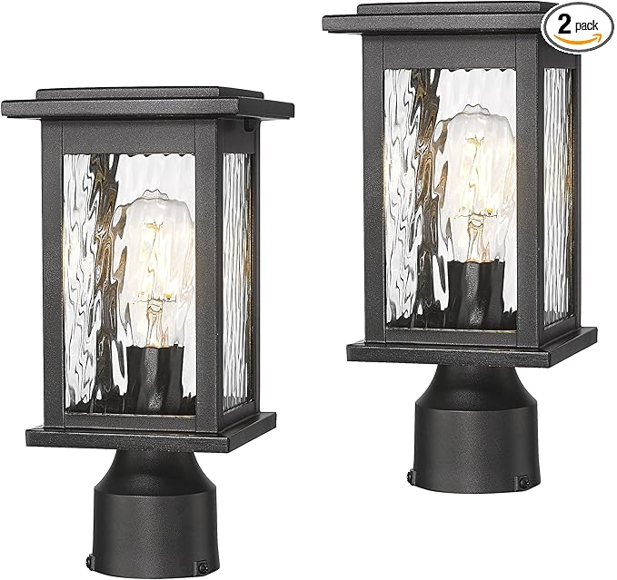 Emliviar 2-Pack Outdoor Pole Lightings Black Pole Lamps with Water Ripple Glass Exterior Colummn Lights for Lawn Porch and Yard 1803EW1-P-2PK-WP