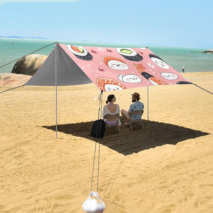 Sushi Pattern Pink Beach Tent Sun Shelter 9.2' x 10.5' Beach Canopy with 4 Sandbags 4 Stability Poles Sand Shovels - Tent Canopy for Beach Camping Fishing Picnics