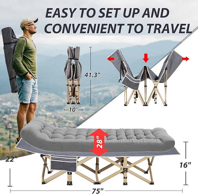 Folding Camping Cot for Sleeping Portable Cots for Adults Heavy Duty Cot Bed 550LBS(Max Load) Extra Wider Cots with Large Pocket for Outdoor Office Beach