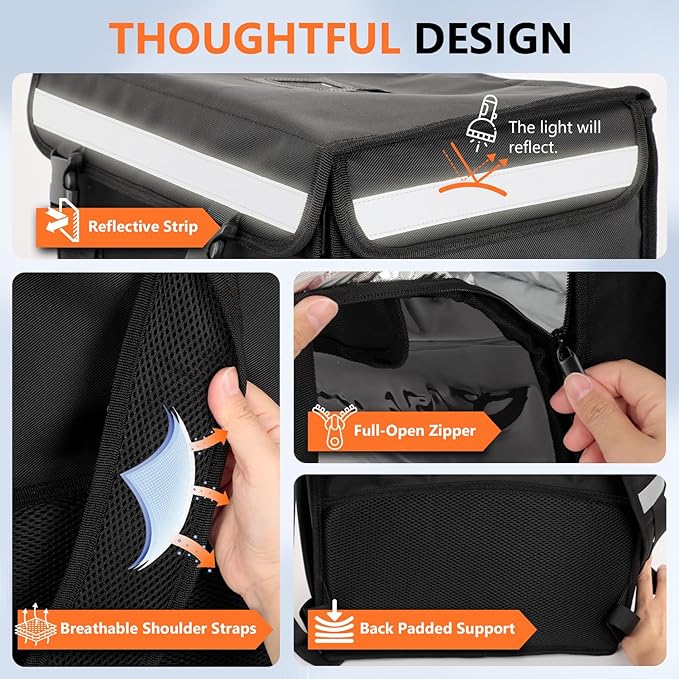 Insulated Food Delivery BagInsulated Backpack with Removable Divider Reflective Strips Full-Open Design Pizza Delivery Bag for Bike Uber Eats DoorDash &amp Grubhub Outdoor Camping Hot Cold Foo