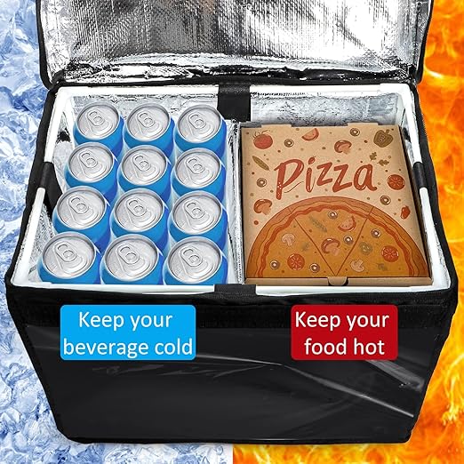 DEAYOU Insulated Food Delivery Bag for Bike Pizza Delivery Bag with Divider and Rear Rack Waterproof Thermal Catering Bag for Scooter Motorcycle 17.3x12.6x13.4 48L Fit 12'' Pizza Box Foldable