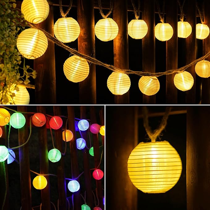 Solar Lantern String Lights Waterproof Outdoor 40ft 40Led Warm White &amp Multi-Color Garden Lights Hanging Hemp Rope Nylon Lanterns with Remote Timer for Yard Balcony Fences Porch
