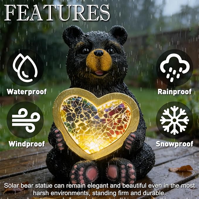 Solar Bear Garden Statues Decor for Outdoor Black Bear Figurine Lights for Lawn Patio Yard Decoration - Unique Christmas Housewarming Gift for Grandma Wowen Mom