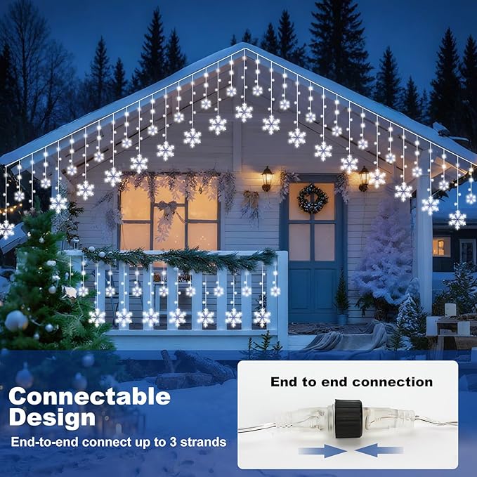 Christmas Snowflake Curtain String Lights 10.2FT 156LED Icicle Lights for Outside with 12 Drops 8 Modes Waterproof Connectable Fairy Window Light for Eaves Garden Yard Indoor Outdoor Xmas Decor