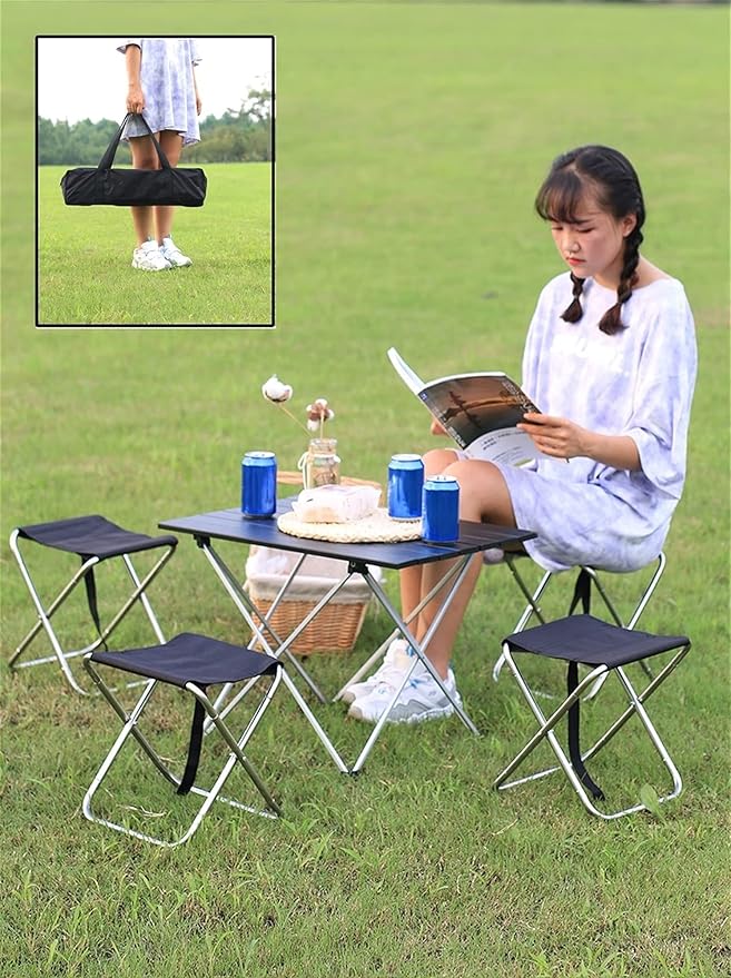 Camping Table Chairs Black Outdoor Set Portable Aluminum Camping Picnic Table Used for Self-Driving Fishing and Barbecue 56x40x40cm