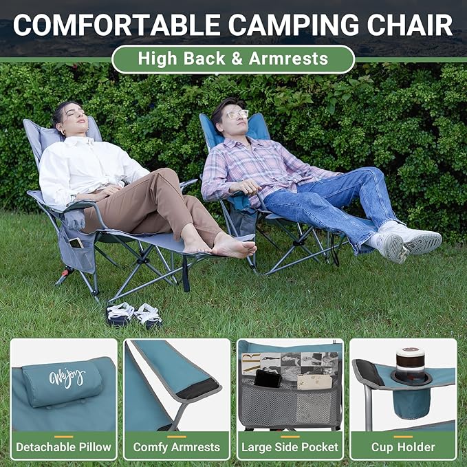 #WEJOY 2-in-1 Camping Chair Reclining Lightweight Folding Camping Chair with Adjustable Backrest &amp Footrest Camping Lounge Chair with Headrest Cup Holder Storage Bag for Beach Lawn Concert