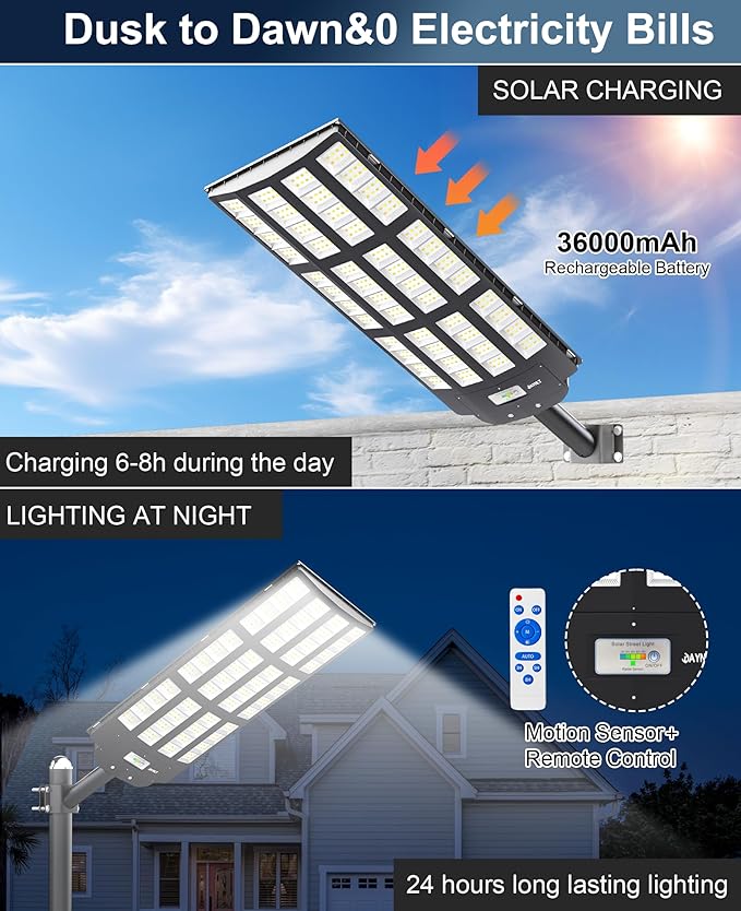 JAYNLT Y-12000W Solar Street Lights Outdoor3000K/4000K/6500K Commercial Parking Lot Lights Dusk to DawnSolar Flood Lights Outdoor for Basketball Court Yards Driveways Farms