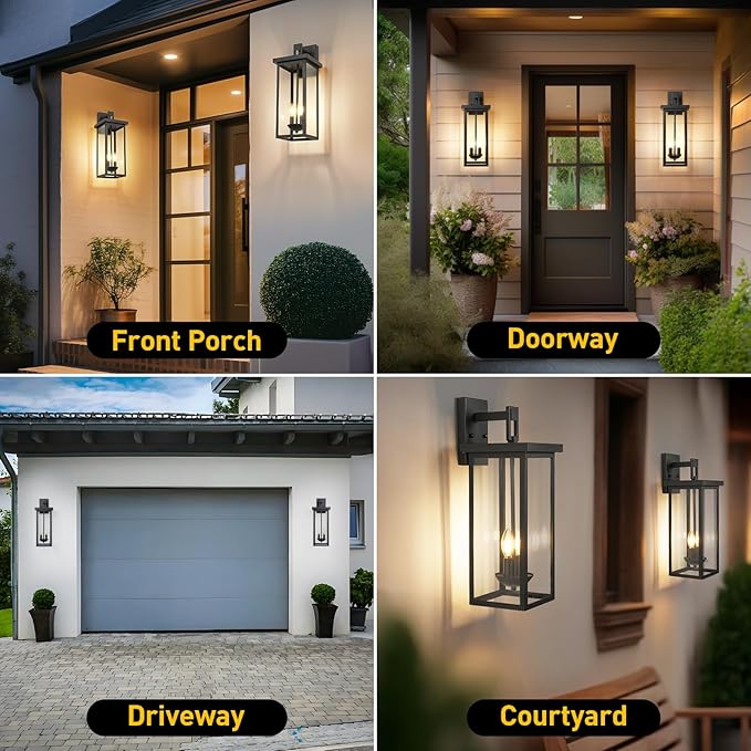 tewei 22 Inch Large Outdoor Wall Lights Dusk to Dawn Exterior Lighting Fixtures Black Modern Porch Light Outdoor Wall Lantern Sconce Lights for House Garage with Clear Glass Shade E12 Base 2 Pack