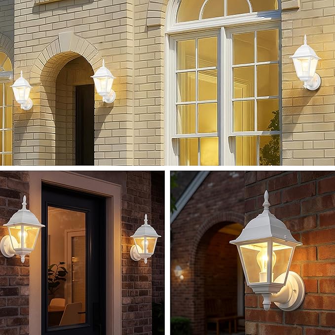 Outdoor Wall Lantern 2 Pack White Waterproof Porch Light with Clear Glass Weather-Resistant Aluminum Sconce for Garage Patio Garden Front Door E26 Bulb (Bulbs Not Included)