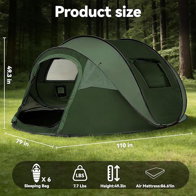 Instant Pop Up Tents for Camping 4/6 Person Easy Pop Up Camping TentsAutomatic Set Up Tent in 3 SecondsWaterproof Sunshade Family TentLightweight Dome Tent for Outdoor CampingHiking &amp Beach