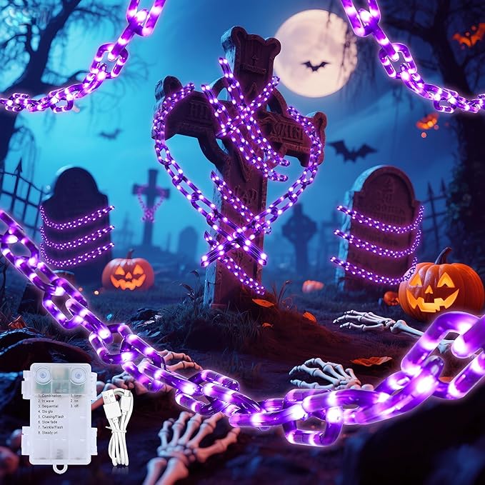 Battery Operated Halloween Lights 10.5FT 175 LED Plastic Chains Lights 8 Modes Waterproof Timer String Light for Skeleton Dog Creepy Costumes Accessories Spooky Outdoor Decorations(Purple)