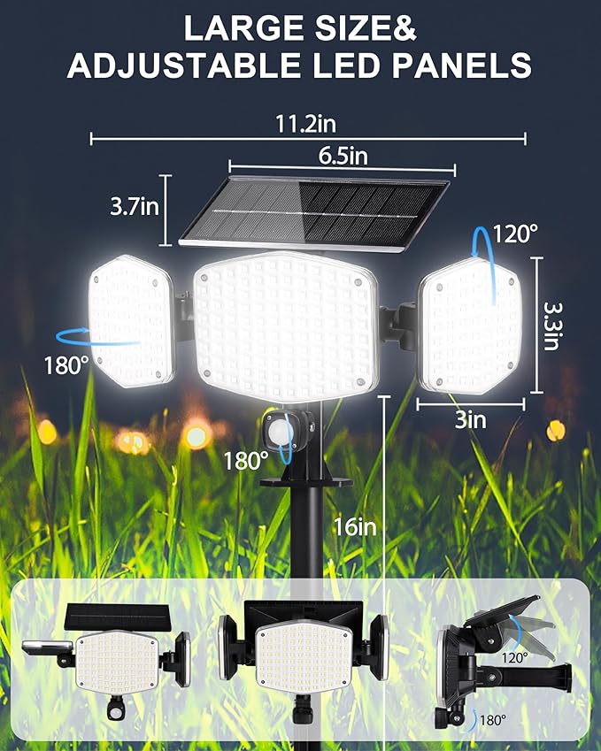 Solar Motion Sensor Outdoor Lights with Stakes In-Ground or Wall Mount 270° Wide Angle Illumination 208 LED Solar Powered Security Flood Lights IP65 Waterproof 2 Pack