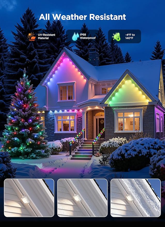 Permanent Outdoor Lights 50FT with 32 Smart RGB LED Lights DIY Scene Mode IP68 Waterproof Christmas Lights for Daily and Accent Lighting Outdoor Decor House Roof Holiday Decorations