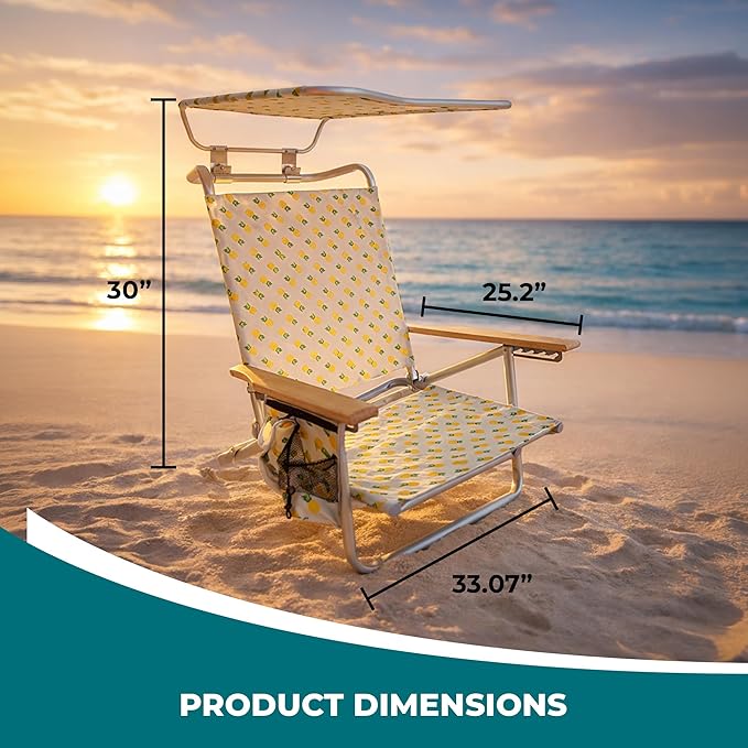 Bliss Hammocks Folding Beach Chair Adjustable Recliner Outdoor Backpack Seat with Canopy and Storage Pouch 275 lb Capacity Pineapple