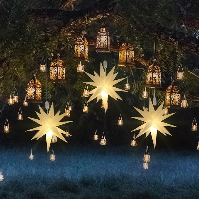 Kingdder 4 Pieces Moravian Star Light LED 3D Star Hanging Light Powered by Battery with Timer Function White Porch Lantern Holiday Decor for Indoor Outdoor Christmas Tree Balcony Courtyard (12 Inch)
