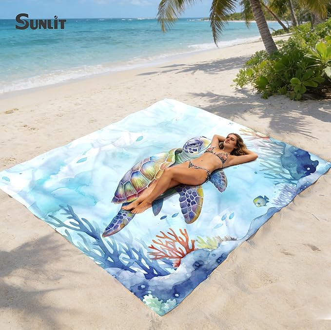 Sunlit Silky Soft 81x106 Sand Proof Beach Blanket Sand Proof Mat with Corner Pockets and Fashion Mesh Bag for Beach Party Travel Camping and Outdoor Music Festival Vibrant Turtle and Coral