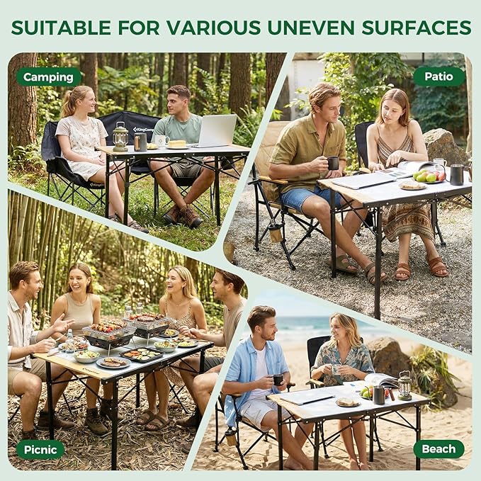 KingCamp Folding Camping Table Aluminum Roll-Up Camp Table Large Foldable Table for 4-6 Person Outdoor Portable Tables with Carry Bag 176 LBS Heavy Duty Load (Bamboo：40.16“x27.5”4-6 People)