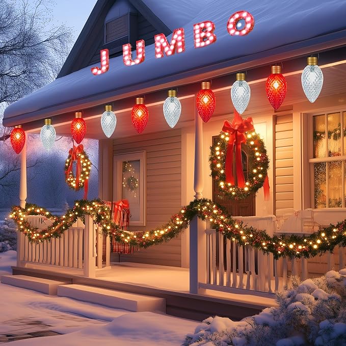 Brightown Super Jumbo C9 Christmas Pathway Lights Outdoor - 2 Pack Total 22FT 10 LED Strawberry Jumbo C9 Pathway Light Giant Christmas Lights Outdoor Decorations for Lawn Outside Red &amp Pure Whit
