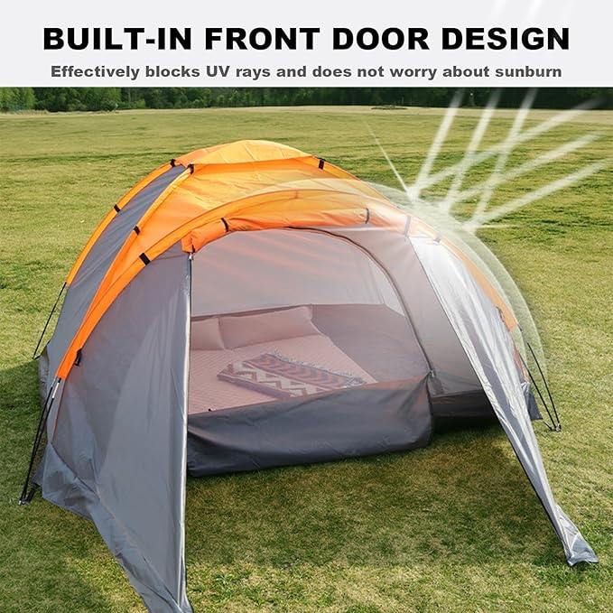 Outdoor Family Camping Tent Extra Large Space 3-4 Person Tent Waterproof and Sun-Proof with Front Foyer for Outdoor Family Activities Orange + Gray 86.6 (+35.4) * 86.6 * 61.1in