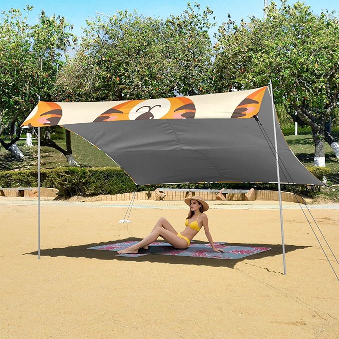 Cute Tiger Face Camping Sun Shelter Beach Tent Portable Beach Sun Shade Outdoor Canopy for Camping Trips Fishing Picnic