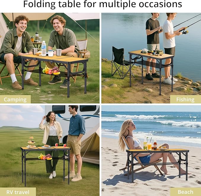 Anbte 3ft Camping Table Foldable with Storage Net and Bag 3 Adjustable Heights High 27.5 Aluminum Camping Table Portable for Outdoor Indoor Backyard BBQ Cooking Party Picnic Beach Light Oak Grain