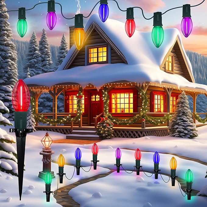 Abeja C9 LED Christmas Pathway Light 38FT Multicolor Pathway Christmas Lights w/ 27 Multicolored Jumbo LED Bulbs Connectable Christmas Walkway Lights Lawn Walkway Lane Marker Lighting Decoration
