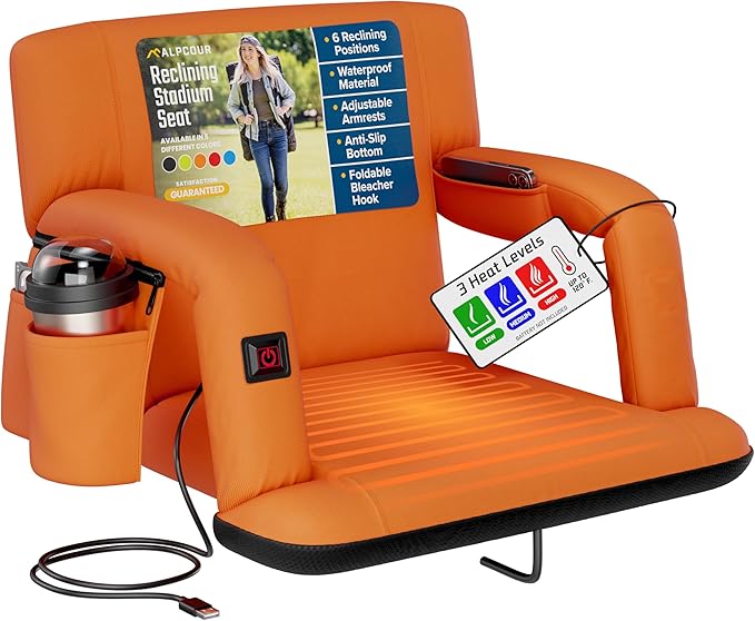 Alpcour Heated Reclining Stadium Seat for Bleachers – Wide Bleacher Chair with Back Support and Cushion Armrests Side Pockets &amp Hook – Stadium Seats Chairs for Camping Kayak Paddle Board &amp