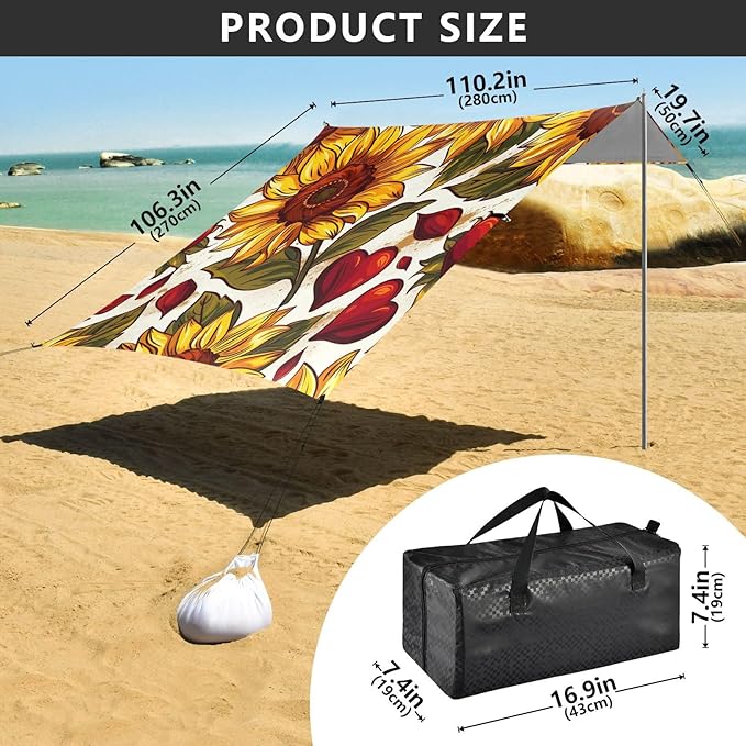 ALAZA Sunflower Red Heart Beach Tent Sun Shelter UPF50+ Protection Beach Shade Canopy w/ 4 Sandbags for Outdoor Camping Fishing Backyard Fun Picnic 10x9 ft