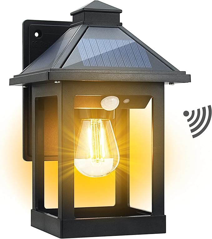 Solar Powered Wall Lanterns Outdoor with 3 Modes Dusk to Dawn Motion Sensor LED Sconce Lights Waterproof Exterior Front Porch Security Lamps Wall Mount Patio Fence Decorative Light Fixtures