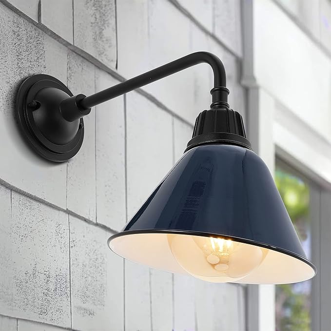 JONATHAN Y 9.63 Navy/Black 1-Light Farmhouse Outdoor Sconce Industrial LED Wall Light Gooseneck Arm Barn Lamp with Metal Bell Shade for Porch Patio Kitchen LED Bulb Included (JYL7612C)