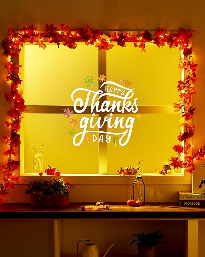 VCOKEN 11FT Fall Garland With Lights - 50 Bulbs Connectable Maple Leaves With Pumpkin Plug-in Decor for Outdoor Indoor Halloween Thanksgiving Holidays