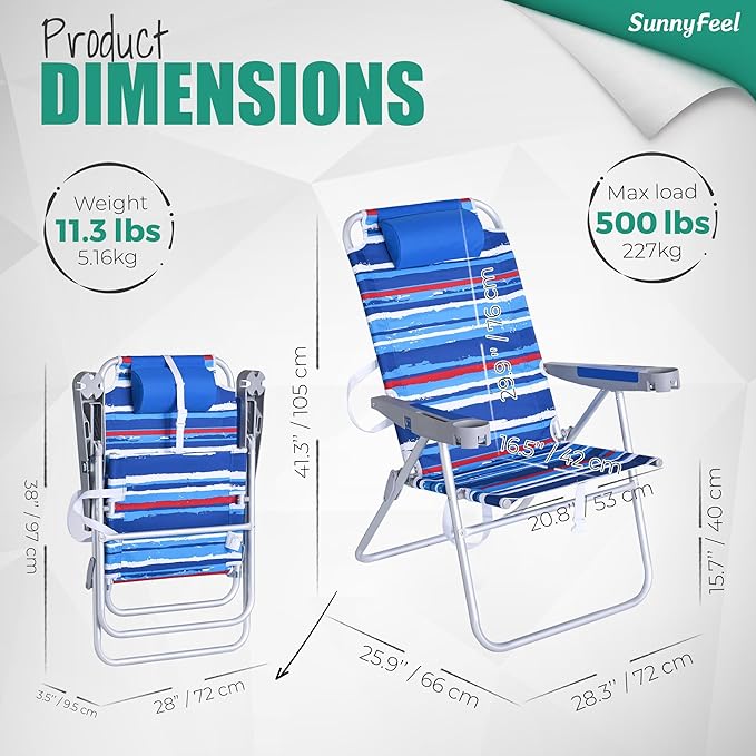 SUNNYFEEL Tall Folding Beach Chair Lightweight Portable Sand Chair for Adults Heavy Duty 500 LBS with Cup Holders Foldable High Camping Lawn Chairs for Camp/Outdoor/Picnic/Concert/Sports