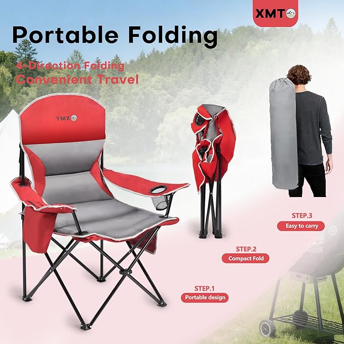 XMT Extra Wide Armrests Portable Folding Chair with Cup Holder Cooler Bag Heavy Duty 600D Oxford Fabric Supports 450lbs Compact Foldable Camping Chair for Outdoor Beach Picnic Sports