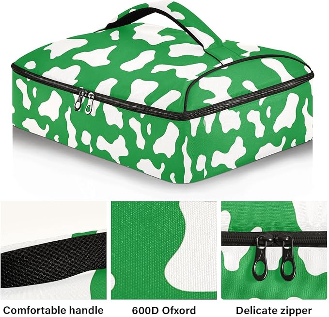 Casserole Carrier Green and White Cow Print PatternInsulated Casserole Carrier for Hot or Cold Food Thermal Lunch Tote for Potluck Parties Picnic Beach Fits 9 x 13 Inches Baking Dish