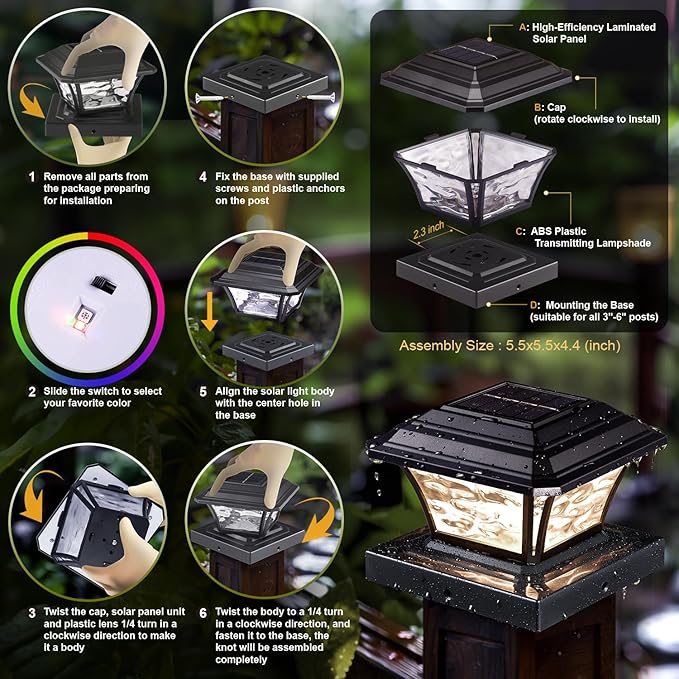 Solar Post Cap Lights Warm White/RGB Automatic Cycling/Fixed RGB Color 9 Colors to Choose 20 Lumens Fence Post Solar Lights for 3.6x3.6 4x4 4.5x4.5 5x5 Wooden/Vinyl Posts Black 2 Pack