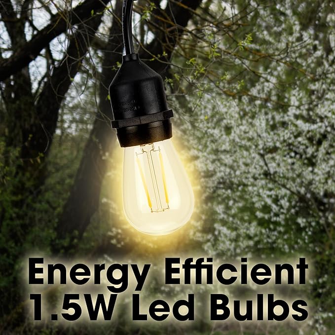 Holiday Lighting Outlet LED Outdoor Patio Lights | 46-Foot Hanging Outdoor String Lights | Includes 16 Dimmable 1.5 Watt Edison Filament Bulb Cafe Lights | Weatherproof Commercial Grade