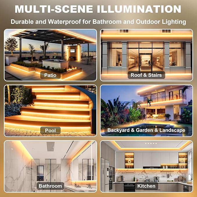 IP67 Waterproof COB LED Strip Lights AC 110V-120V Direct Plug 66FT Super Bright Outdoor Strip Lights with Double Fuse Controller 2700K Warm White LED Strips for Garden Patio Commercial Decor