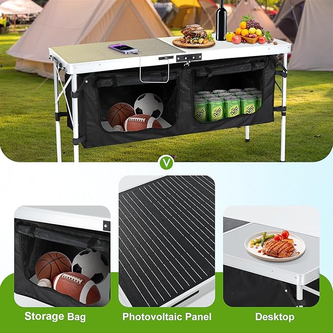 Nice C Camping Table Storage Camping Table with Solar Panels Storage Kitchen Tables Folding Tables 45W Output w/USB Type-C &amp DC Charging Cable For Outdoor Beach BBQ Picnic Cooking Fest