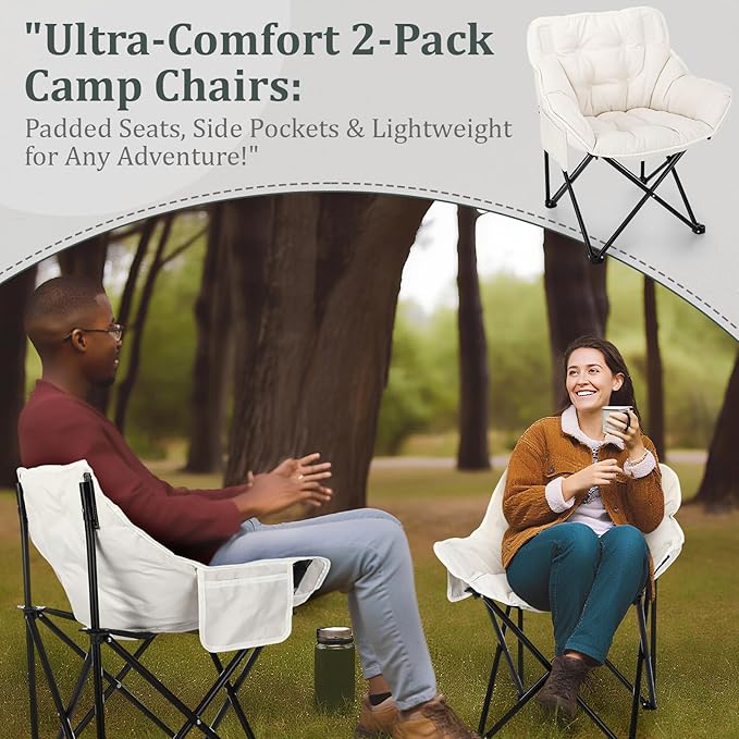 Redbaker 2 Pack Padded Camping Chair Oversized Portable Fishing Lawn Chair Light Weight Camp Outdoor with Padded Seats and Side Pocket for Camping Fishing Backyard Festival