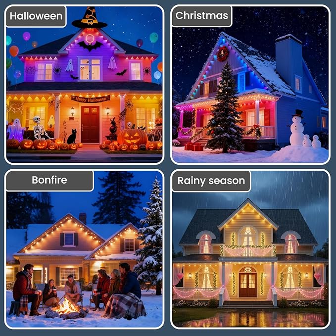 Permanent Outdoor Lights APP Control 50ft 30 LED Smart RGB+IC Warm/Cool White House Eave Light for Halloween Christmas Alexa Google Support Timing with Remote Controller